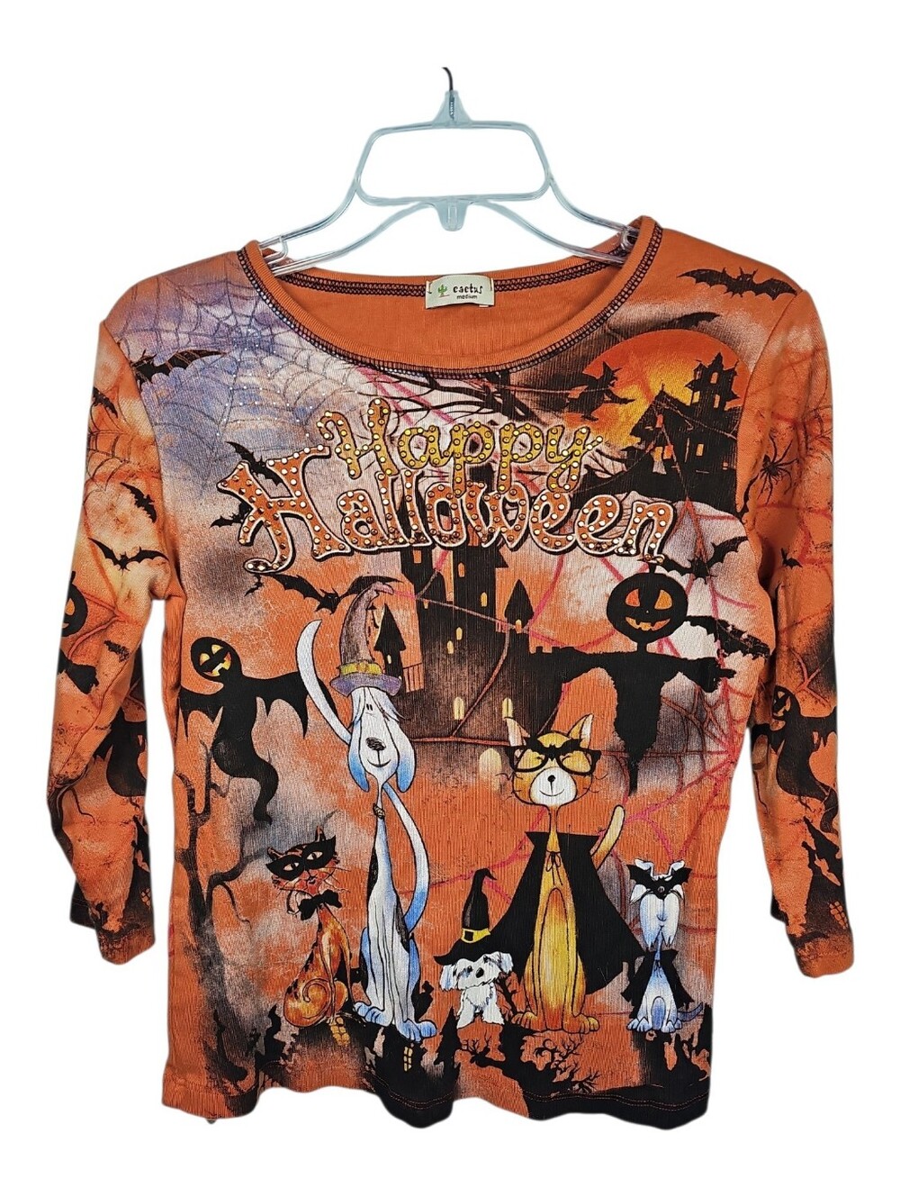 Cactus Happy Halloween Rhinestone 3/4 Sleeve Cats Dogs Blouse Y2K Size M